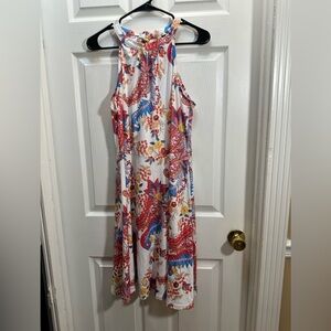 Sleeveless White Maxi Dress with Red, Blue & Yellow Paisley Print